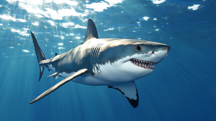 Obraz premium A realistic image of a great white shark, created with 3D software. --ar 16:9 --v 6.1 Job ID: 2e8d425b-4464-46d0-9cb0-aca3e10f00a5
