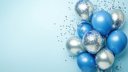 a bunch of blue and silver balloons with confetti and streamers on a light blue background with copy space for a text or a greeting card or a special occasion, highly detailed image