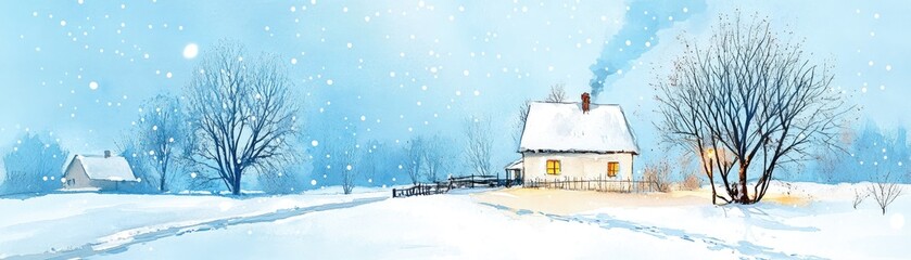 Naklejka premium Cozy Snow-Covered Cottage in Winter Landscape with Falling Snow and Bare Trees