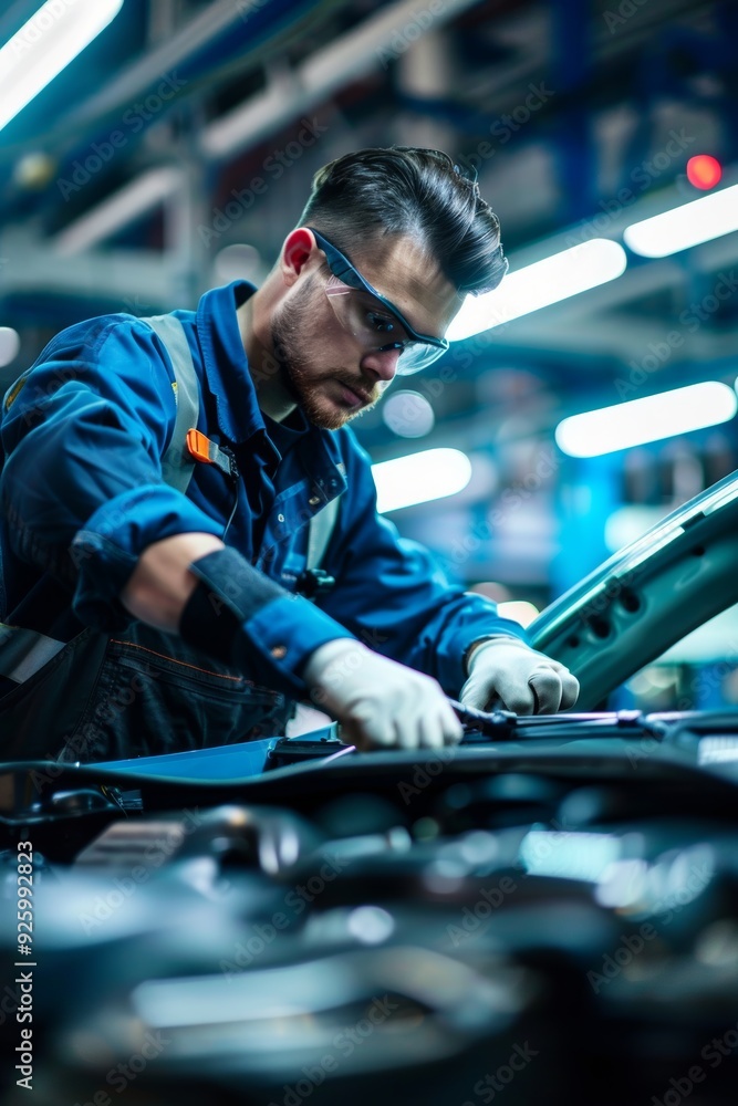 Poster engineer conducting diagnostic test on car's electronic system in modern high-tech factory
