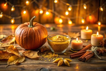 cozy autumnal warm golden inviting pumpkin pulp scattered soft focus blurred background warm candlelight rustic wooden table comfortable atmosphere