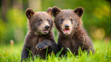 Fototapeta premium Playful baby bear cubs goofing around in a cute and adorable manner, baby animals, wildlife, bears, cubs, playful, happy, adorable