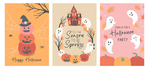 Collection of Halloween ghost haunted house posters vector illustration