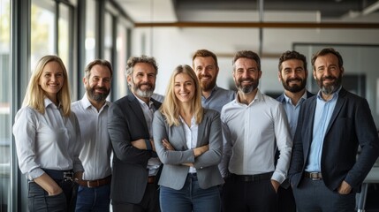 Obraz premium A team of eight professionals smiles while standing together in a contemporary office environment filled with natural light