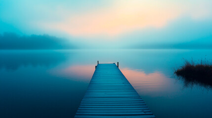 Beautiful of  straight flat simplistic rectangular, lake dock, beautiful sunrise, foggy. calm water. Nature relax wallpaper