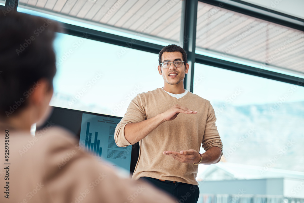 Poster Training, business man and presentation with data for coaching, creative stats or analysis. Group, speaker and project manager in workshop for planning, teaching or meeting in startup with profit kpi