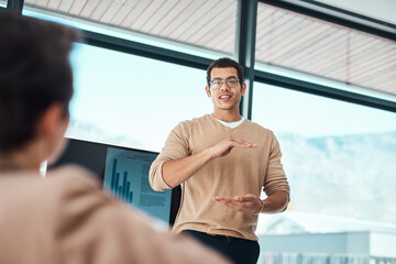 Training, business man and presentation with data for coaching, creative stats or analysis. Group,...