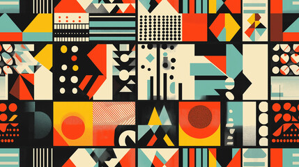 Obraz premium Bold geometric pattern featuring large, overlapping shapes and contrasting colors with a seamless design in red, yellow, black, and teal.