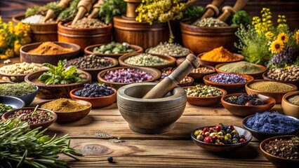 Fototapeta premium Mortar, bowls and jars of dry medicinal herbs on a table Alternative medicine concept , Healing herbs
