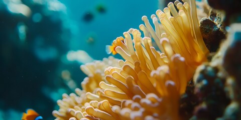 Macro shot of a protected coral reef with vibrant marine life, highlighting the significance of ocean conservation and reef preservation