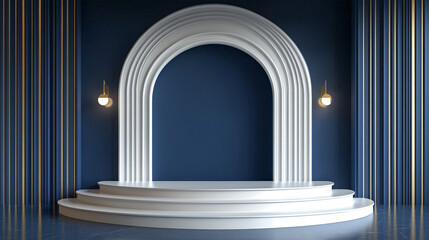 Minimalist Blue Pedestal Stage with Arch Background