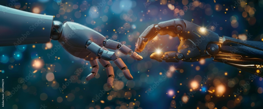 Poster two robotic hands reaching out towards each other, symbolizing connection, technology, and the futur