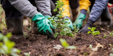 Naklejka premium Close-up of a conservation project with volunteers planting trees, illustrating collective efforts towards environmental conservation