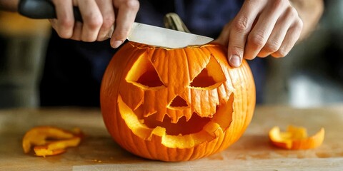Close-up of a person carving a pumpkin with a knife for Halloween, highlighting the fun and creativity involved in seasonal activities