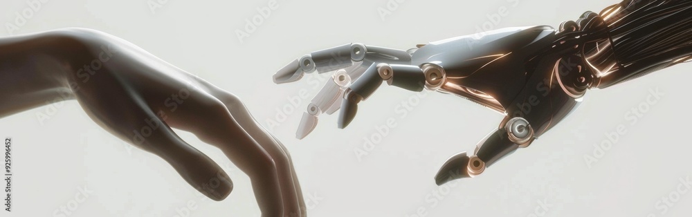 Poster close-up of a human and robotic hand reaching towards each other, symbolizing the intersection of hu