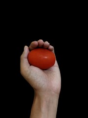 hand holding a red tomato 