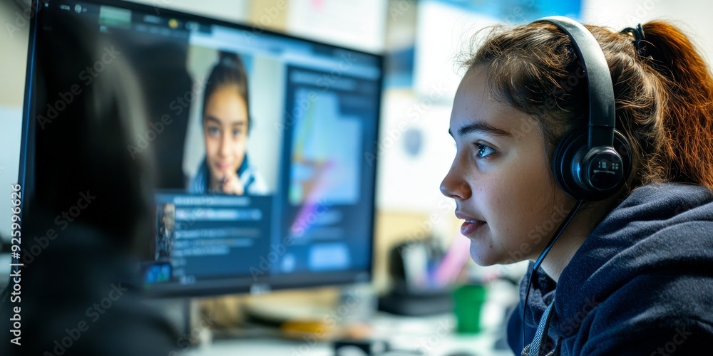 Aufkleber Close-up of a student participating in a video call with a teacher, highlighting the connectivity and engagement in virtual learning environments