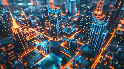 Futuristic cityscape with neon lights and tall buildings