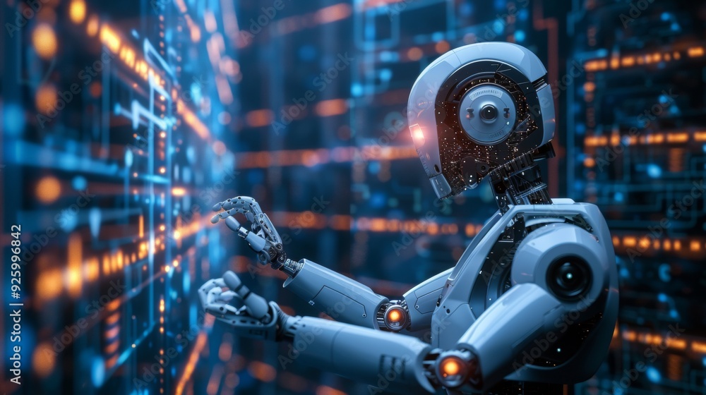 Poster a humanoid robot interacts with a glowing digital interface in a high-tech environment, symbolizing 