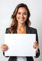 Naklejka premium Professional Woman Holding Blank Sign in Business Attire for Customizable Corporate Message or Branding