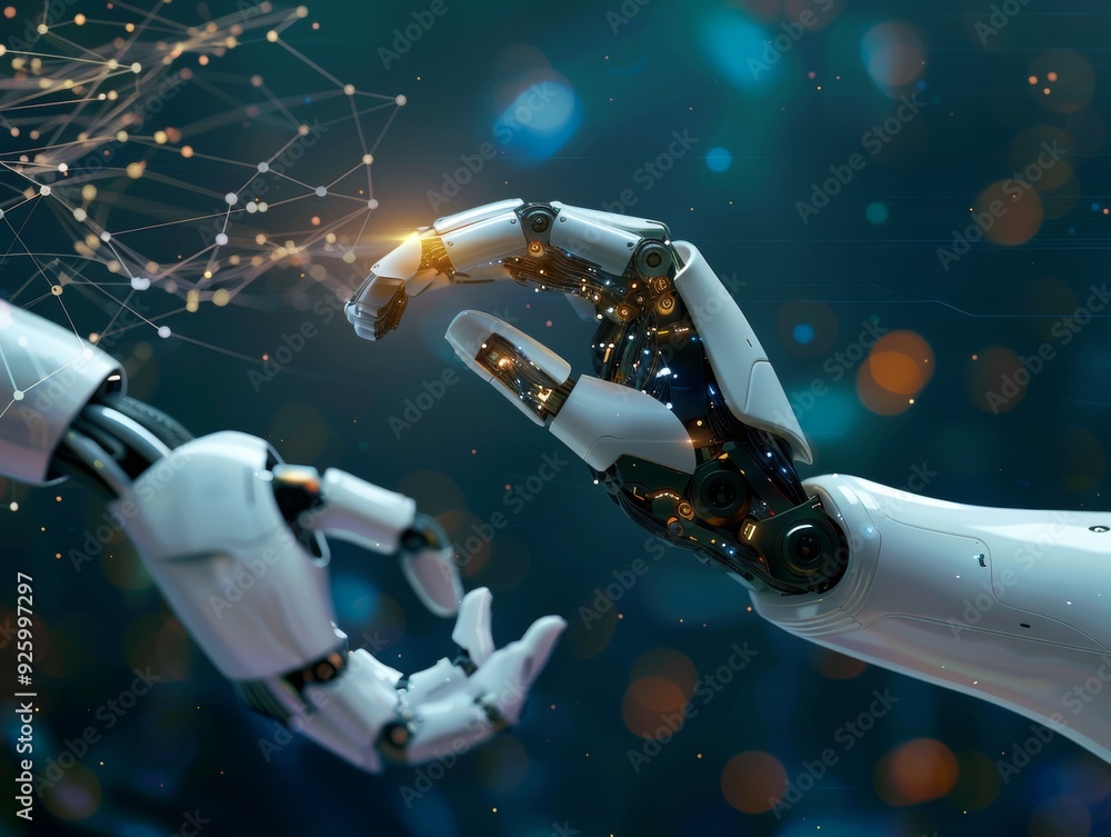 Poster two robotic hands reaching out to connect, representing advanced ai, robotics, and future technology