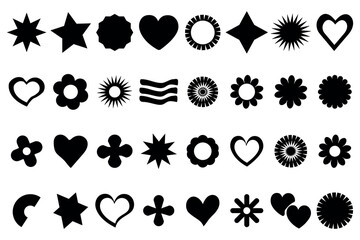 Fototapeta premium Brutalist Shapes. Geometric abstract shapes and grid forms. Bauhaus minimalist graphic design elements. Y2K Vector Signs. Star and flower basic and other primitive elements.
