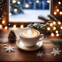 Latte Art coffee mug on a rustic wooden table with winter Christmas lights and decorations and snow outside