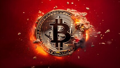 bitcoin coin exploding on red solid background, concept for crypto currency and finances