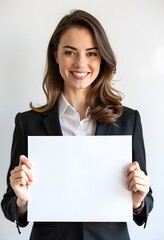 Naklejka premium Professional Woman Holding Blank Sign in Business Attire for Customizable Corporate Message or Branding