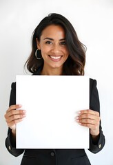 Naklejka premium Professional Woman Holding Blank Sign in Business Attire for Customizable Corporate Message or Branding