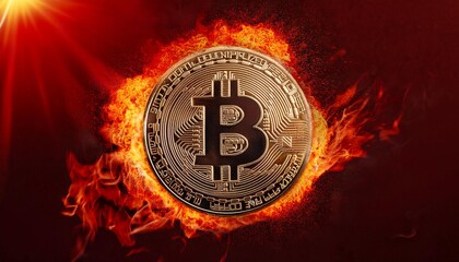 bitcoin coin exploding on red solid background, concept for crypto currency and finances