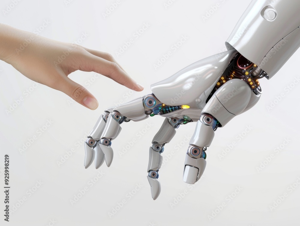 Poster a human hand reaches out to touch a robotic hand, symbolizing the interaction and connection between