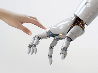 A human hand reaches out to touch a robotic hand, symbolizing the interaction and connection between humans and advanced technology