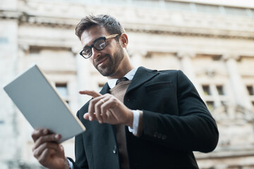 Business, man and happy outdoor with tablet on street for connection, communication and networking as lawyer. Entrepreneur, employee and smile for reading with social media post, email notification