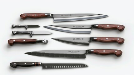A neatly arranged collection of various knives displayed on a flat surface, including a set of chef knives, paring knives, and other specialty blades The knives are organized in an appeal