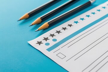 A neatly arranged feedback form lays on a bright blue surface, accompanied by sharpened pencils, inviting user input and reflections.