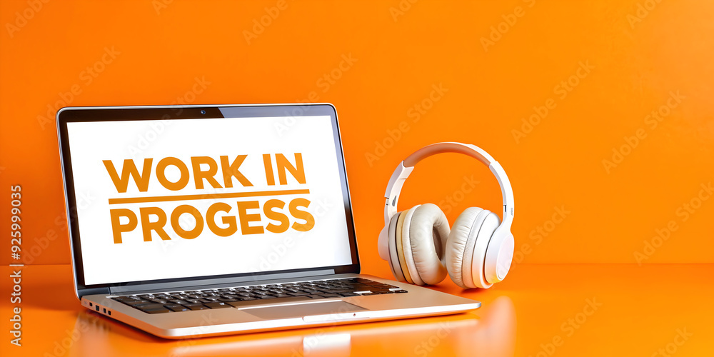Poster dynamic remote work concept: 3d laptop and headphones with 'work in progress' text in modern layout