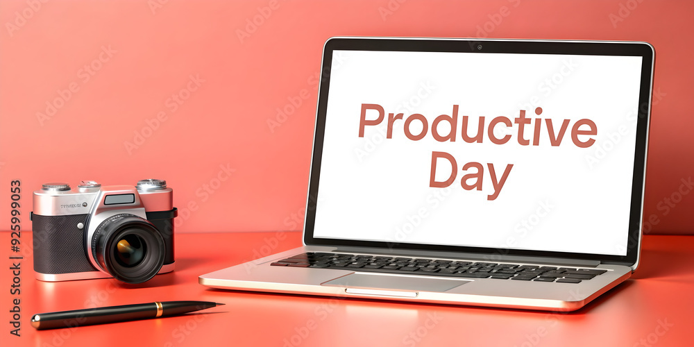 Poster 3d laptop and pen with 'productive day' text in border frame, emphasizing productivity and organizat