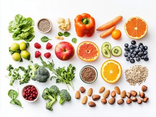 A colorful arrangement of various fruits, vegetables, and nuts showcasing healthy food options.