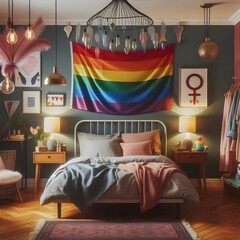 Bedroom Interior with Rainbow Flag and Female Symbol Decor