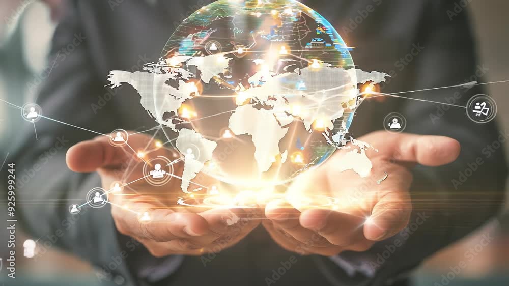 Poster businessman holding global network connection. big data analytics and business intelligence. world m