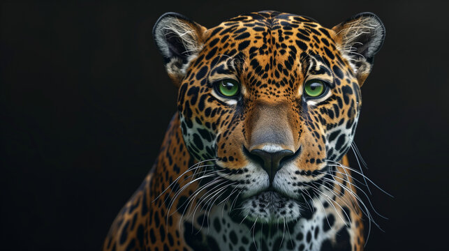 A hyperrealistic portrait of a jaguar with an intense green gaze, contrasting with a dark background. The details of the fur, spots, and whiskers are highlighted by the high-quality image
