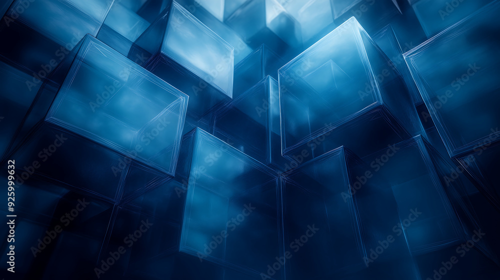 Poster futuristic abstract composition featuring transparent blue cubes with depth and glowing light sleek 