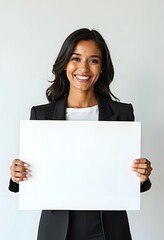 Naklejka premium Professional Woman Holding Blank Sign in Business Attire for Customizable Corporate Message or Branding