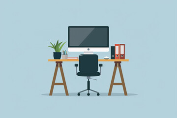 Modern office desk illustration featuring computer and files