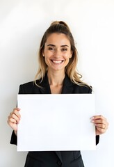 Naklejka premium Professional Woman Holding Blank Sign in Business Attire for Customizable Corporate Message or Branding