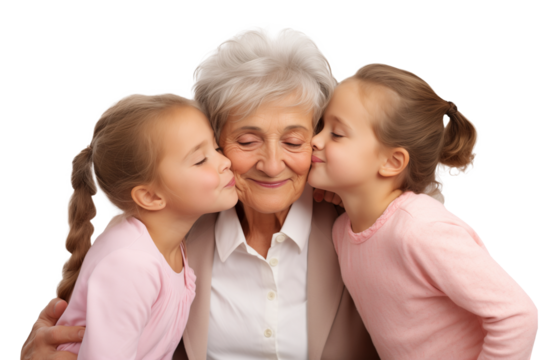 Grandchild Girl Kid Kissing Grandmother Isolated on Transparent Background PNG
