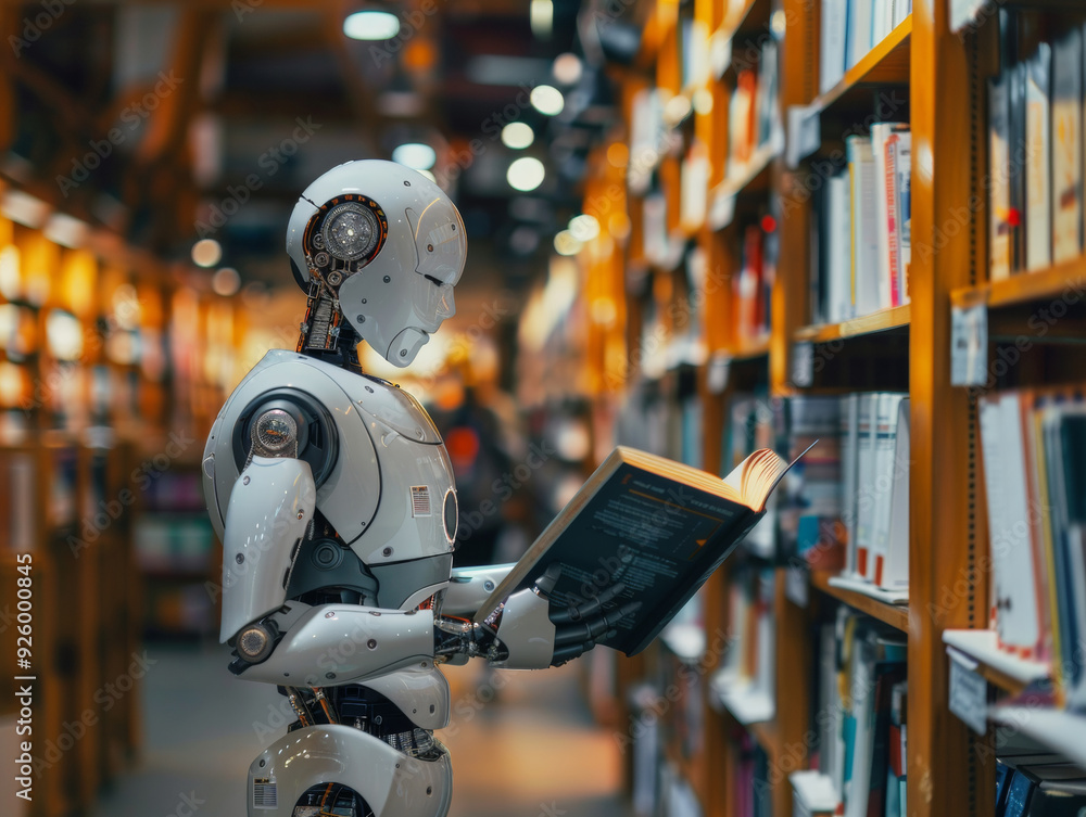 Poster a humanoid robot reads a book in a traditional library, symbolizing the intersection of technology a