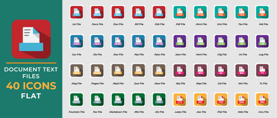 Document text file flat icon set. txt, ppt, pdf, doc, csv, files format icons. vector illustration
