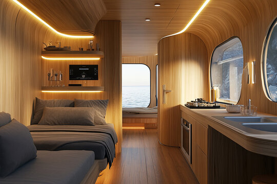 a modern and futuristic tiny house interior. wooden material